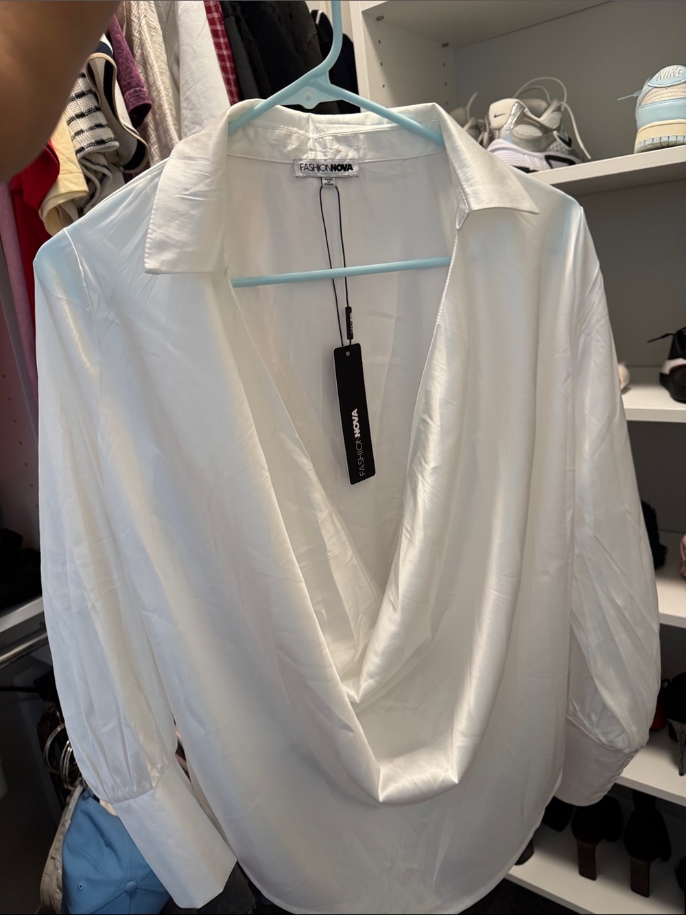 Fashion Nova women’s White Draped Collar Dress Shirt